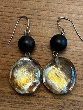 Estate Black and Gold Glass Drop Earrings